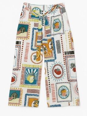 Jolie Wide-Leg Printed Cotton Pants in White with Teal, Mustard & Coral Motifs